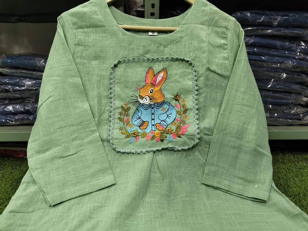 Green Cotton Slub Embroidered Tunic Set